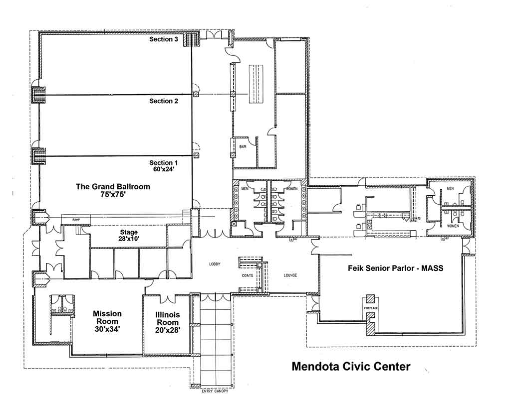 Building layout of Mendota Civic Center in Mendota, Illinois  61342